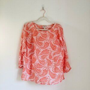 LOFT Coral & White Acanthus Pattern Blouse Cotton Lightweight Roomy Size M